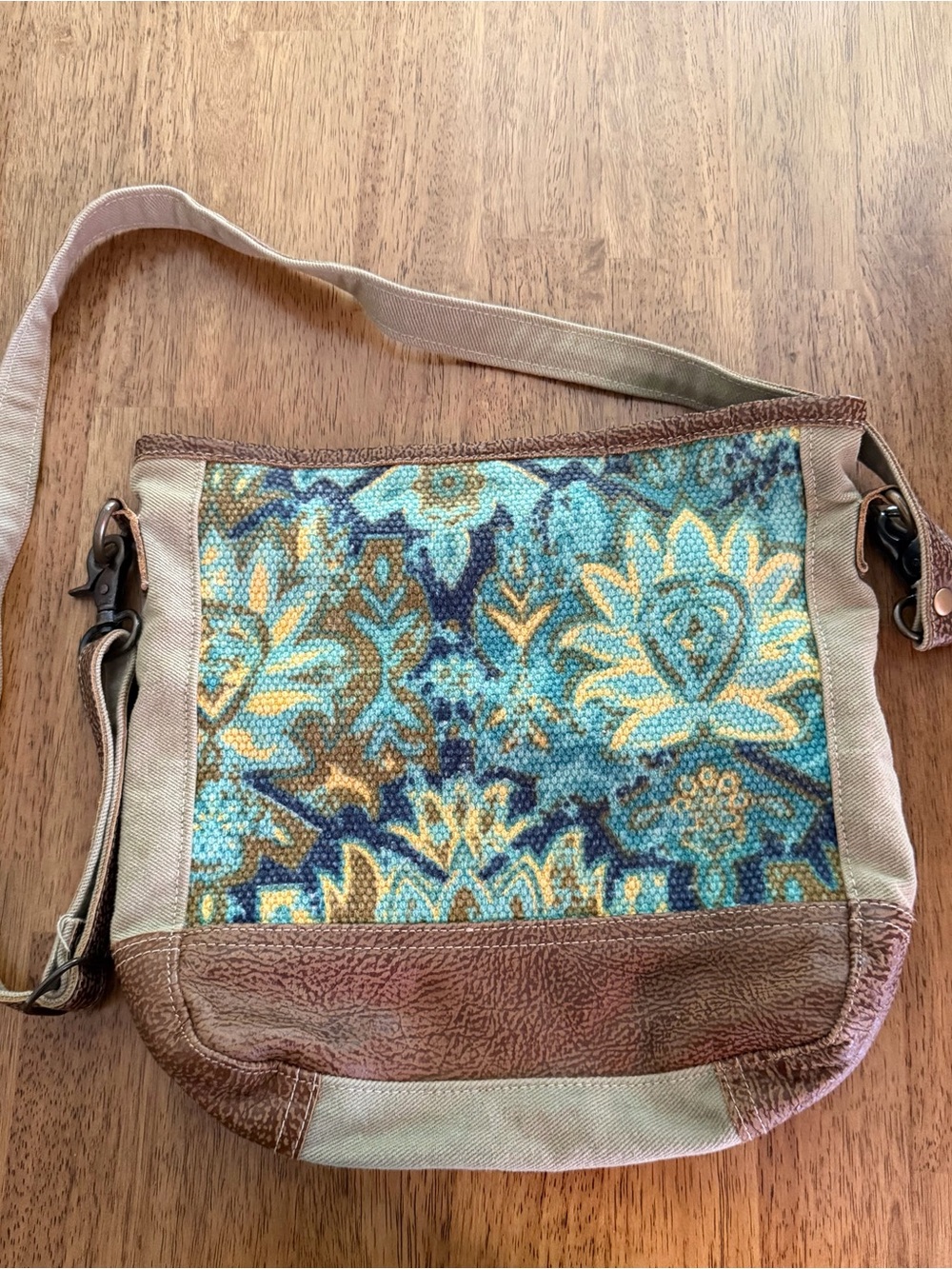 Myra Bag Canvas & Leather Crossbody Bag with Blue Floral Tapestry - Picture 1 of 3